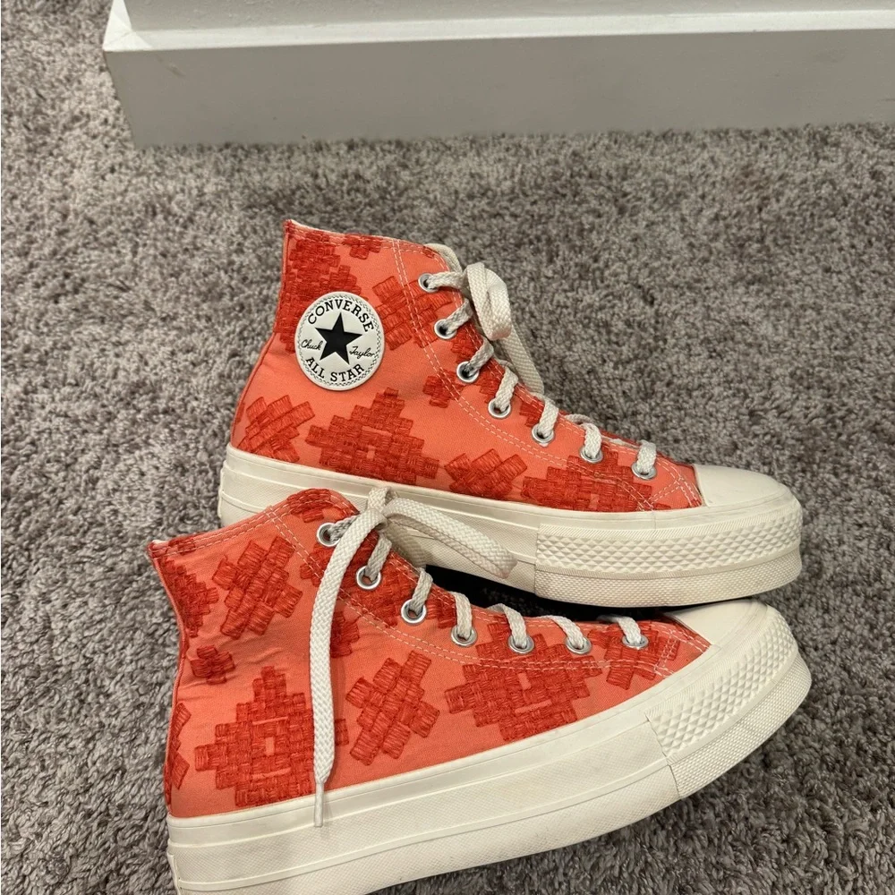 Unique peach orange Converse platform high tops size 9 embroidery design